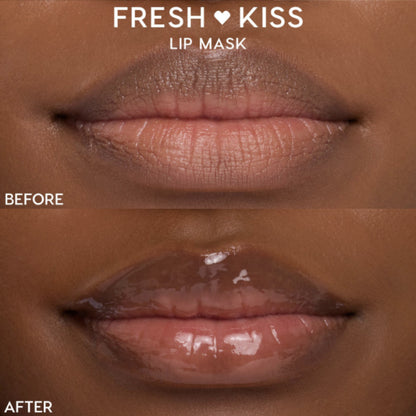 Close-up lips showing Colourpop Merriest Pout Lip Set results - top before is dry and matte; bottom after shows Fresh Kiss Lip Mask creating smooth, hydrated, high-shine lips in a split-screen comparison.