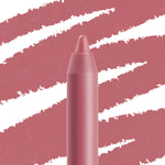 Good N Plenty ColourPop Lippie Pencil stands upright with a sharpened tip, showcasing a rosy mauve lip liner color, while wide diagonal swatch strokes in the background emphasize the creamy shade for precise lining.