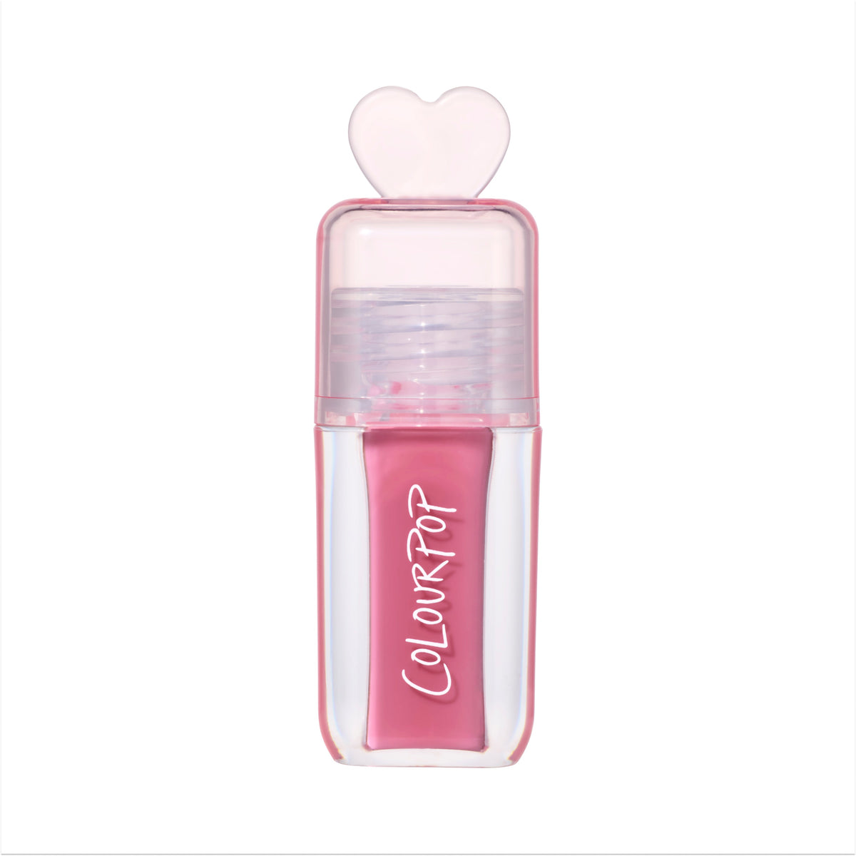 ColourPop Your New Obsession ultra glossy lip in the Heart to Get shade standing upright on a white background, featuring a clear pink tube with bold white logo and a translucent heart-shaped cap for a cute, high-shine lip gloss look.