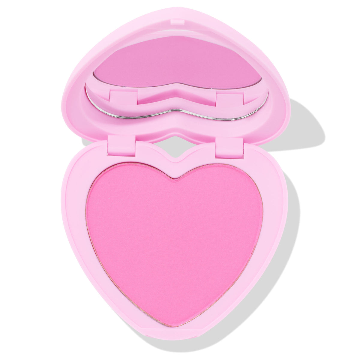 Hot 2 Touch ColourPop Pressed Powder Blush opens to reveal a heart-shaped pan of bright cool-toned pink pressed powder in a pastel pink heart compact with built-in mirror, shown half-open on a white background.