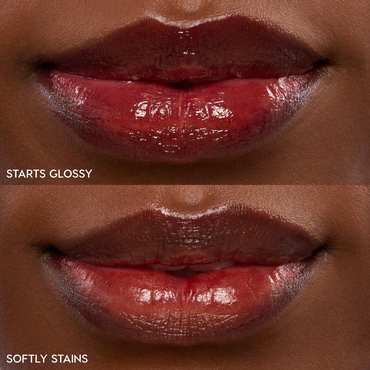 Lips wearing ColourPop Lip Stain in Blueberry Marg, shown in two finishes: top glossy and bottom stain, a deep berry-red that shines then softens to a diffused tint; close-up product swatch on a model’s lips.