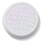 Ice Dream ColourPop Super Shock Shadow, a bouncy cream-to-powder eyeshadow, glistening with icy iridescent white-lavender shimmer, pressed in a honeycomb texture and housed in a round white pot on a clean studio background.