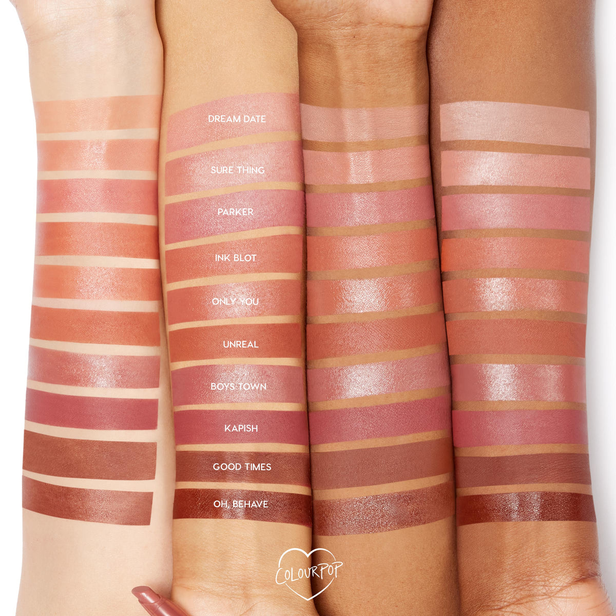 Cookie Lippie Stix by Colourpop swatched with other nude shades on three arms of different skin tones, showing creamy pink-beige lipstick & lip stains finish and pigment payoff in a studio beauty shot.