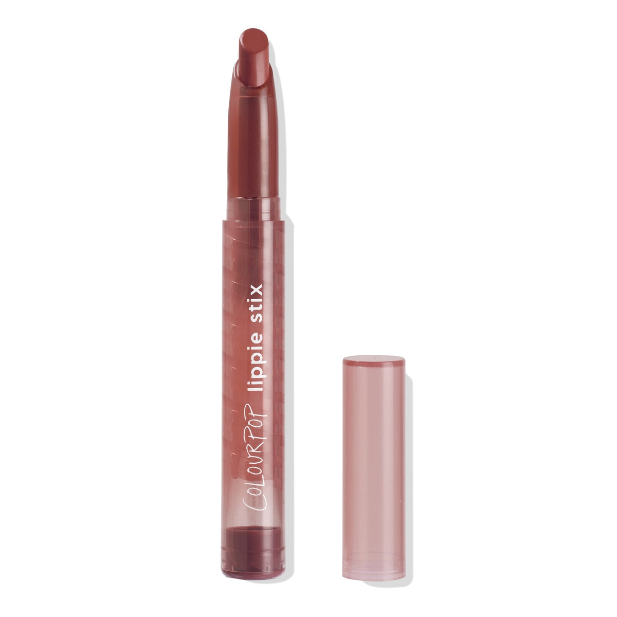 Kapish ColourPop Lippie Stix shown uncapped with the twist-up brownish-rose bullet extended, beside its translucent mauve tube printed with white logo, on a clean white background.