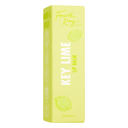 Key Lime lip balm box standing upright, featuring lime-green Fourth Ray Beauty packaging with lime illustrations and bold KEY LIME LIP BALM text, 3.5 g/0.12 oz, on a white studio background; a zesty ColourPop Lip Balm option.