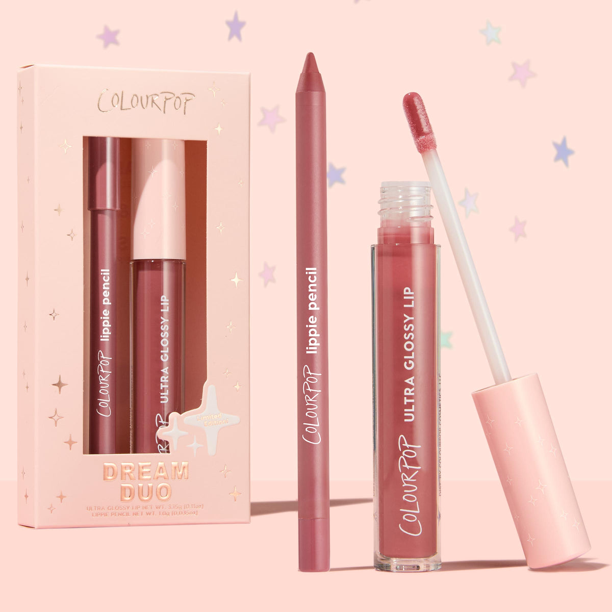 Dream Duo ColourPop Ultra Lip Duo featuring a rosy mauve lippie pencil and Ultra Glossy Lip; gloss wand lifted, pencil upright, and limited‑edition starry pink box at left, set on a pastel pink background.