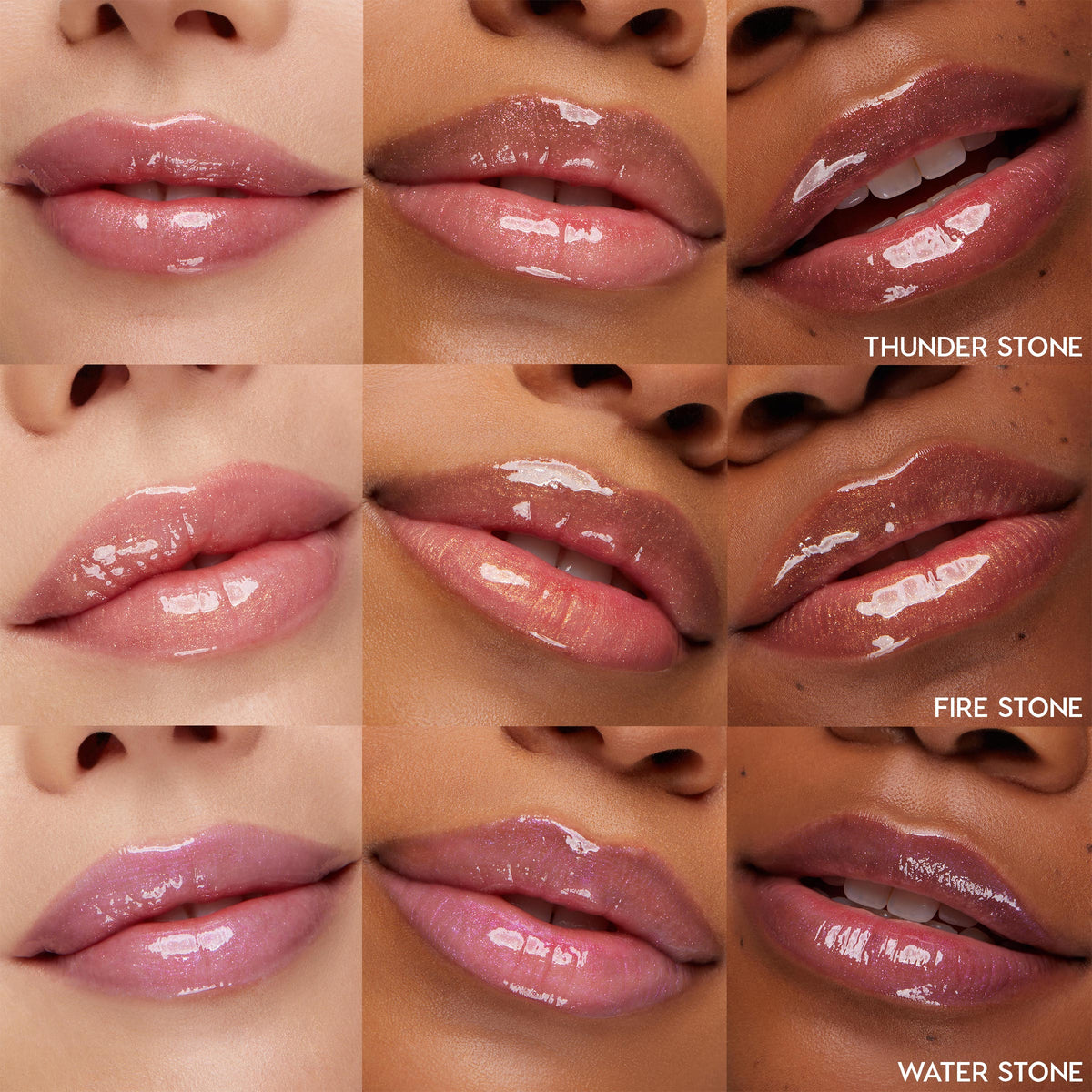 Close-up grid of nine lips wearing ColourPop Ultra Glossy Lip Evolution kit, showing high-shine swatches of Thunder Stone, Fire Stone, and Water Stone across multiple complexions; sheer, shimmery neutrals with mirror-like finish.
