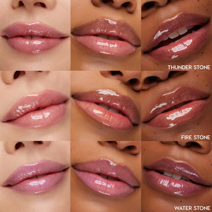Close-up grid of nine lips wearing ColourPop Ultra Glossy Lip Evolution kit, showing high-shine swatches of Thunder Stone, Fire Stone, and Water Stone across multiple complexions; sheer, shimmery neutrals with mirror-like finish.