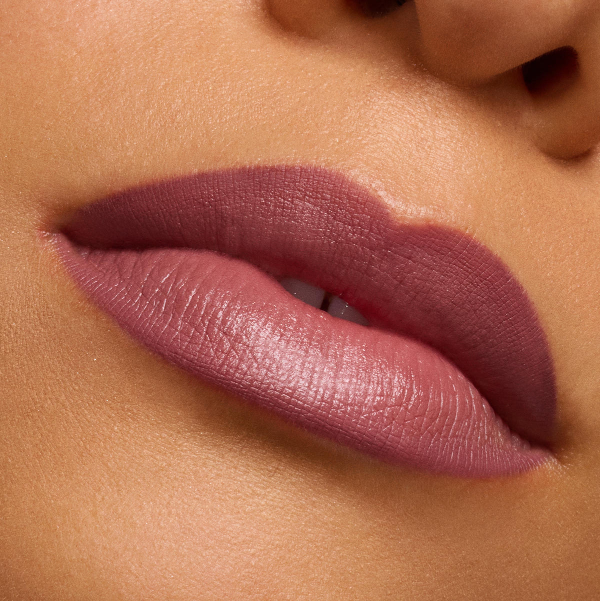 Lips wearing Anti-Hero ColourPop Lux Lipstick, a dusty mauve-rose shade with a satin, full-coverage finish, shown in a tight macro beauty shot to highlight smooth texture and precise application.