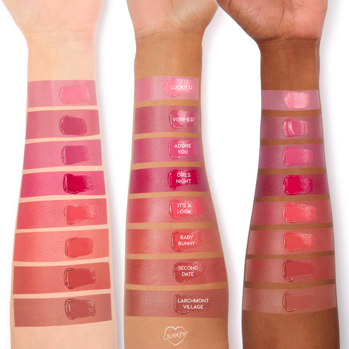 Girls Night ColourPop Lip and Cheek Balm swatched on three skin tones, a glossy vibrant berry pink shown among labeled shades, highlighting its dewy finish and bold pigment for lips and cheeks.