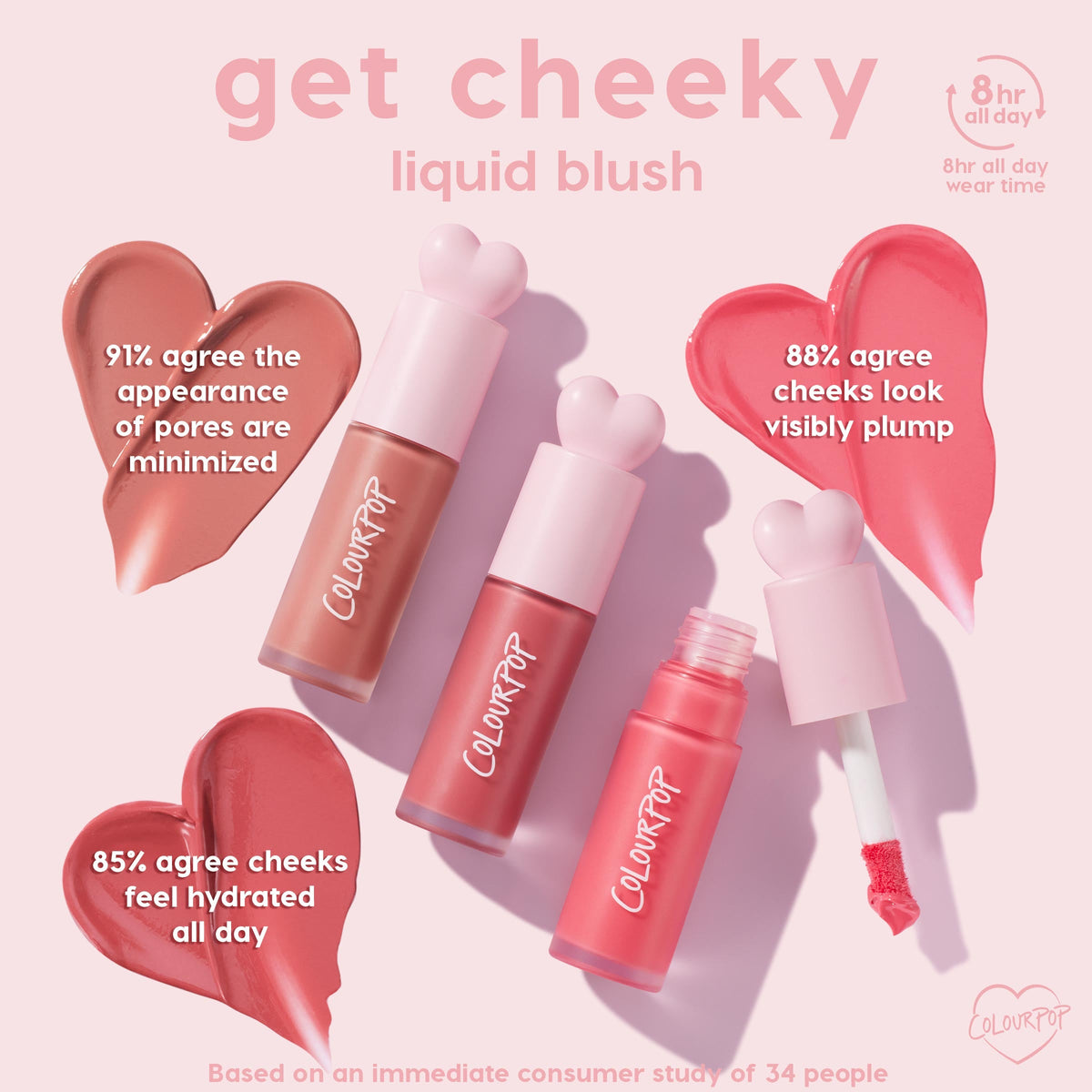 ColourPop Liquid Blush Culver City displayed in frosted tubes with pink heart caps, one open wand showing a bright pink doe-foot swipe, with heart-shaped swatches calling out 8-hour wear, minimized pores, and hydrated, plumper cheeks on a soft pink backdrop.