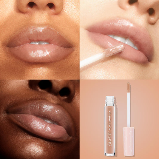 ColourPop Ultra Glossy Lip in Major Throwback coats lips with high-shine nude-beige gloss; three close-ups show the shine on multiple skin tones while the clear tube and doe-foot wand with peach star cap rest on a warm beige background.