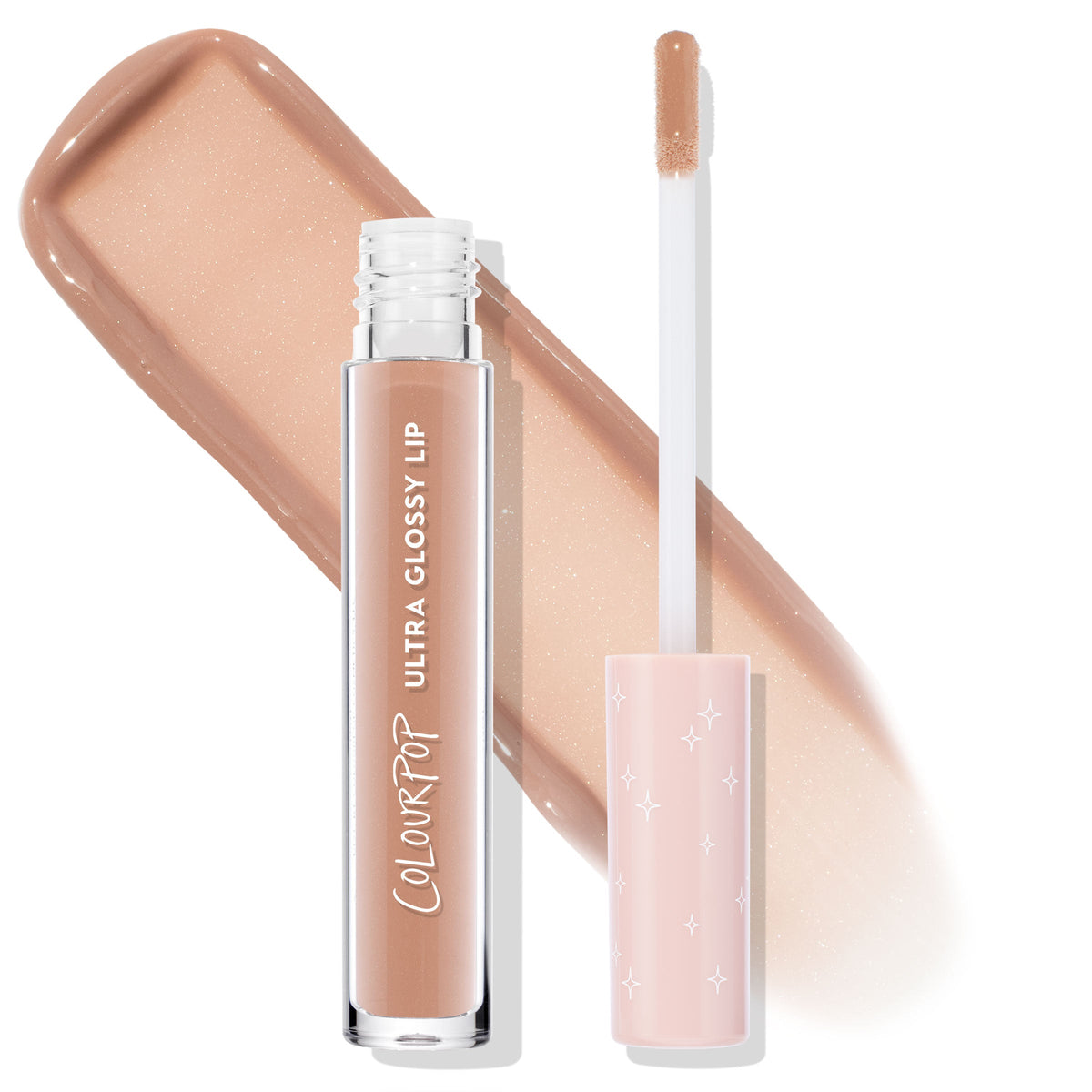 Major Throwback ColourPop Ultra Glossy Lip stands uncapped in a clear tube with white logo, doe-foot applicator raised, showing a nude beige shimmer gloss and pastel pink star cap, with a wide swatch behind to highlight the high-shine finish.