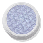 ColourPop Moon Daisy Super Shock Shadow shimmering in an open white pot; an icy lavender-lilac eyeshadow with silver microglitter and a dimpled, bouncy texture, shown close-up on a clean white background.