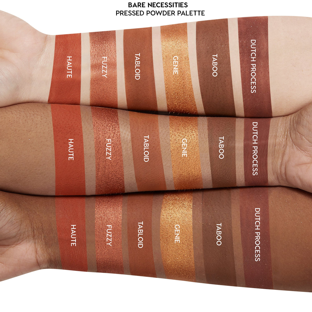 Swatches show the Bare Necessities ColourPop Shadow Palette pressed powders, Haute, Fuzzy, Tabloid, Genie, Taboo, Dutch Process, applied in stripes on three arms of different skin tones to compare pigment and finish.
