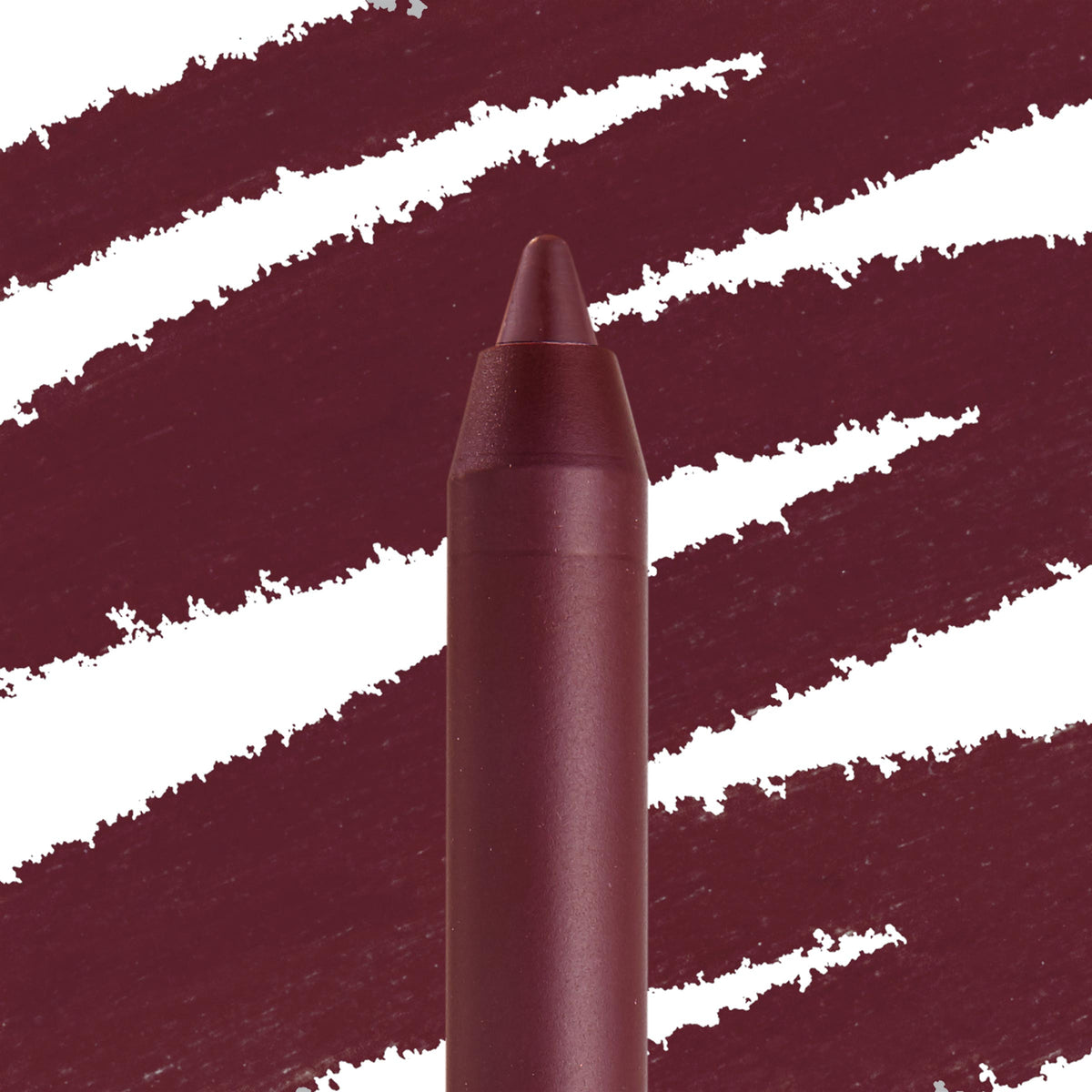 ColourPop Lippie Pencil On Ice draws deep burgundy wine strokes on a white backdrop, the sharpened tip in close-up highlighting precise lip lining and rich pigment.