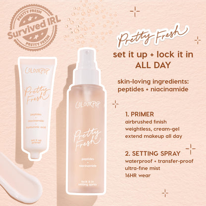 ColourPop Face Set Hydrating Prime + Set - Pretty Fresh set it up primer and lock it in setting spray - standing side by side on a peach backdrop with a cream swipe, highlighting peptides, niacinamide, and hyaluronic acid for all‑day makeup wear.