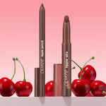 ColourPop Lippie Stix + Pencil Set, Lip Service, featuring a rich brown Lippie Stix and matching lip pencil standing uncapped with caps nearby, styled among glossy cherries against a pink gradient backdrop for a playful beauty product shot.