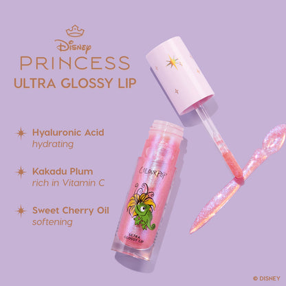 Colourpop Disney Princess Ultra Glossy Lip gloss tube with sparkly pink formula and wand applicator on a lavender background, highlighting hydrating hyaluronic acid, vitamin C–rich Kakadu plum, and softening sweet cherry oil benefits.