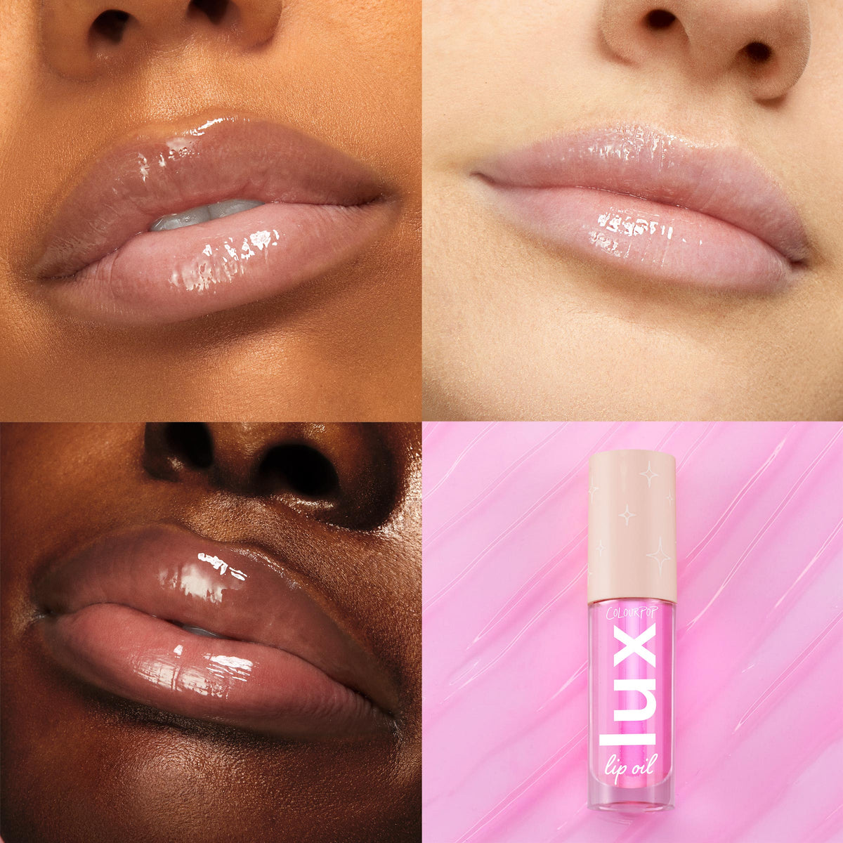 Raspberry Mojito Lux Lip Oil delivers a glossy, sheer pink finish on lips, shown on three models, with the ColourPop Lux Lip Oil bottle displayed on a swirled pink backdrop.