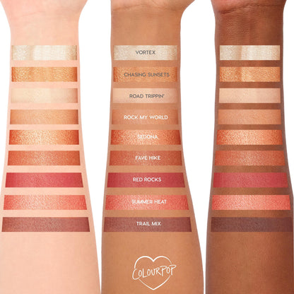 Rock On ColourPop Shadow Palette swatches sweep across three arms in light, medium, and deep skin tones, showing nine warm neutrals - champagne to copper and brick red - with matte and metallic finishes; shades include Vortex, Sedona, Red Rocks, Trail Mix.