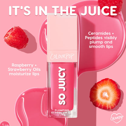 ColourPop So Juicy Plumping Glossy Lip Oil in It’s a Date stands upright, hot pink tinted, highlighting ceramides and peptides to visibly plump and smooth lips, with raspberry and strawberry oils for moisture on a pink background with fruit.