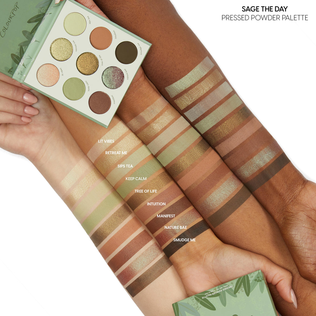 ColourPop Shadow Palette Sage The Day opens to 9 pressed powder pans - matte and metallic sage greens, olives, taupes, and gold - shown with full-arm swatches on three skin tones to display pigment and shimmer against a white studio background.