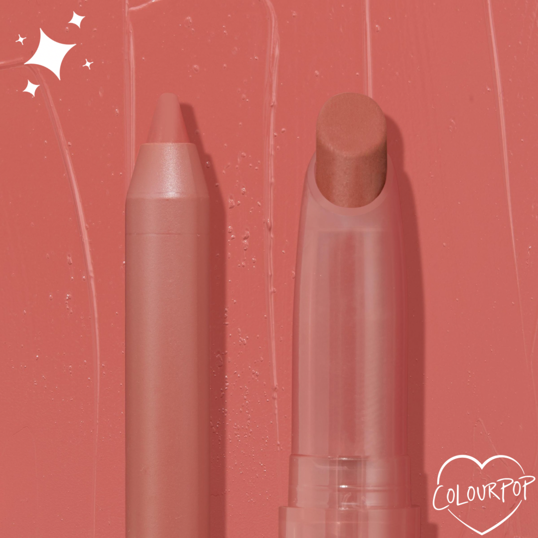Brink ColourPop Lippie Pencil stands upright beside a matching lip bullet on a textured rosy terracotta swatch, showing the creamy, long-wear liner shade for precise lip definition, with the ColourPop heart logo in the corner.