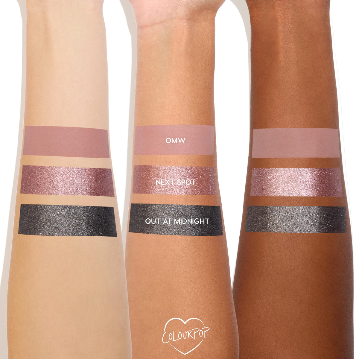 Next Spot shimmering rose ColourPop Shadow Stix swatched on three arms, placed between matte mauve OMW and sparkly charcoal Out at Midnight, showcasing metallic pink payoff across light, medium, and deep skin tones.