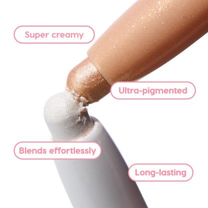 ColourPop Shadow Stix Metallic Neutrals - two shimmery cream eyeshadow sticks, champagne gold and icy pearl, pressing tip-to-tip to show super-creamy, ultra-pigmented color that blends effortlessly and lasts on a clean white background.