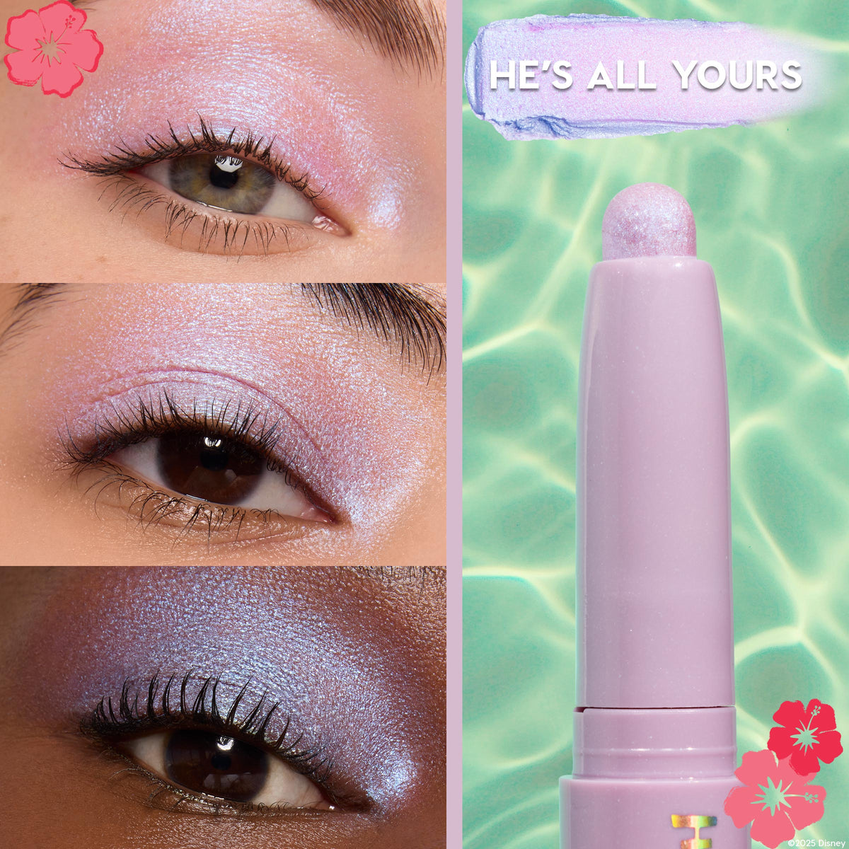 Cute and Feisty Shadow Stix by ColourPop swatches - iridescent lavender applied on three eyelids across light to deep skin tones - while a pastel lilac twist-up stick stands beside a pool-water backdrop, highlighting its creamy, blendable formula.