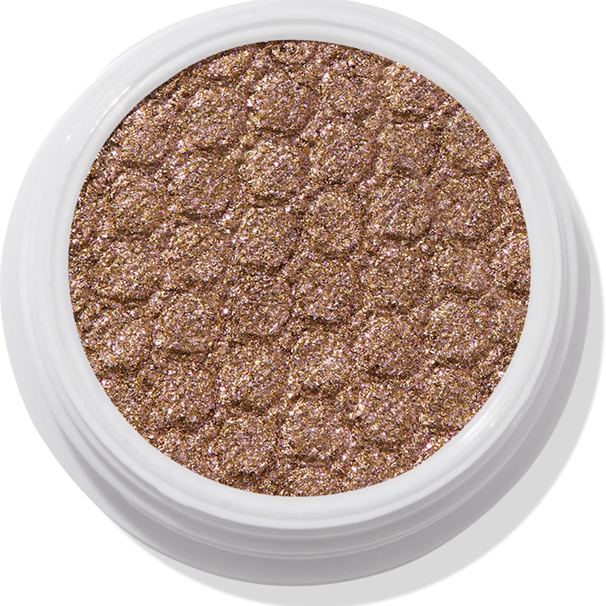 ColourPop So Quiche Super Shock Shadow, a metallic olive‑taupe eyeshadow with pink and gold sparkle, catching light in its bouncy, dimpled pan inside a white twist pot, shown in a clean close-up on a white background.