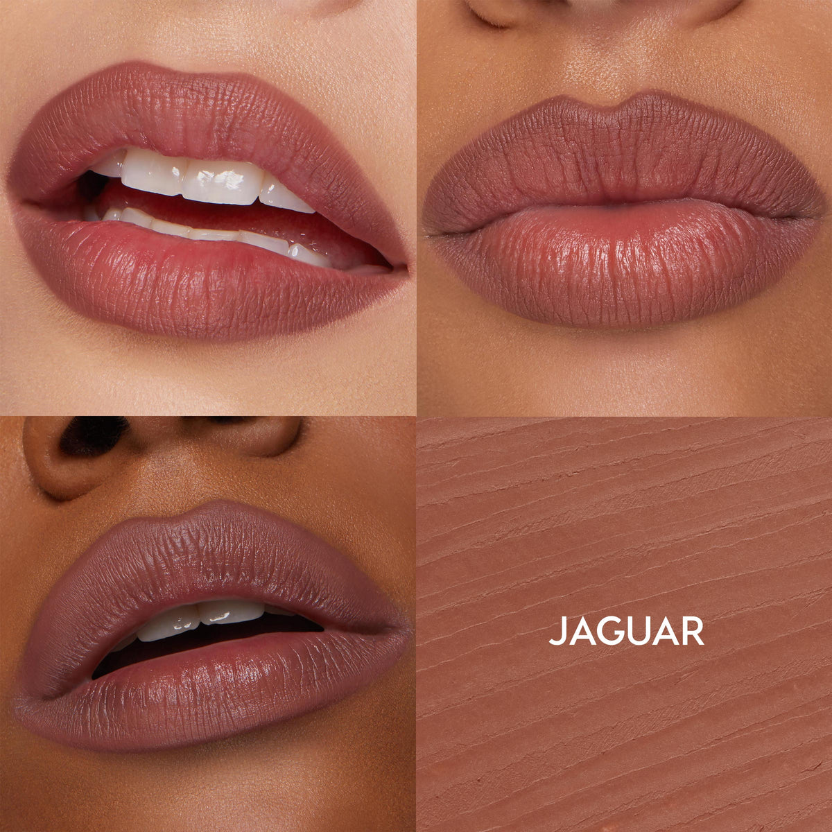 ColourPop So Juicy Plumping Lip Liner with Peptides in Jaguar lining and filling lips across three skin tones, revealing a creamy rosy-brown nude finish, shown in a four-square grid with a matching texture swatch labeled JAGUAR.