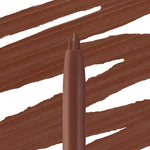 Slay, a ColourPop So Juicy Plumping Lip Liner with Peptides, features a creamy retractable tip drawing smooth chocolate-brown swatch lines on a white backdrop, showcasing the warm brown shade and precise definition for fuller-looking lips.