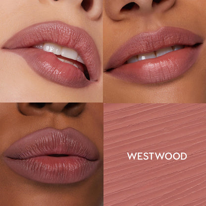 ColourPop So Juicy Plumping Lip Liner with Peptides in Westwood defining and filling lips, showcasing a plumped dusty-rose finish on three skin tones beside a close-up textured swatch labeled WESTWOOD.