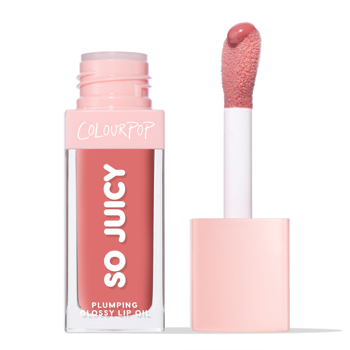 ColourPop So Juicy Plumping Glossy Lip Oil in Hits Diff stands with cap off, a doe-foot wand loaded with rosy pink gloss beside the clear rectangular tube labeled SO JUICY, pink cap and branding visible against a white background.