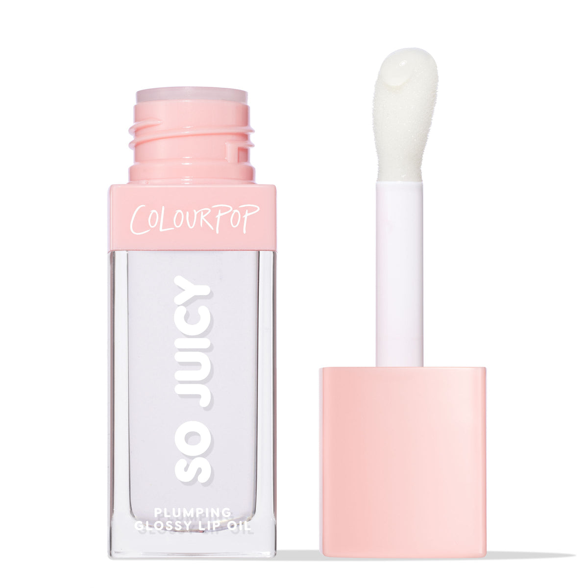 ColourPop So Juicy Plumping Glossy Lip Oil in Lychee Jelly shown open, clear square tube with blush‑pink cap and COLOURPOP branding, doe‑foot applicator holding a translucent gloss bead against a white studio background.
