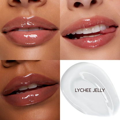ColourPop So Juicy Plumping Glossy Lip Oil in Lychee Jelly coats lips with a high-shine, plumping finish, shown in a quad of three close-up lip swatches on varied skin tones plus a milky product smear for shade reference.