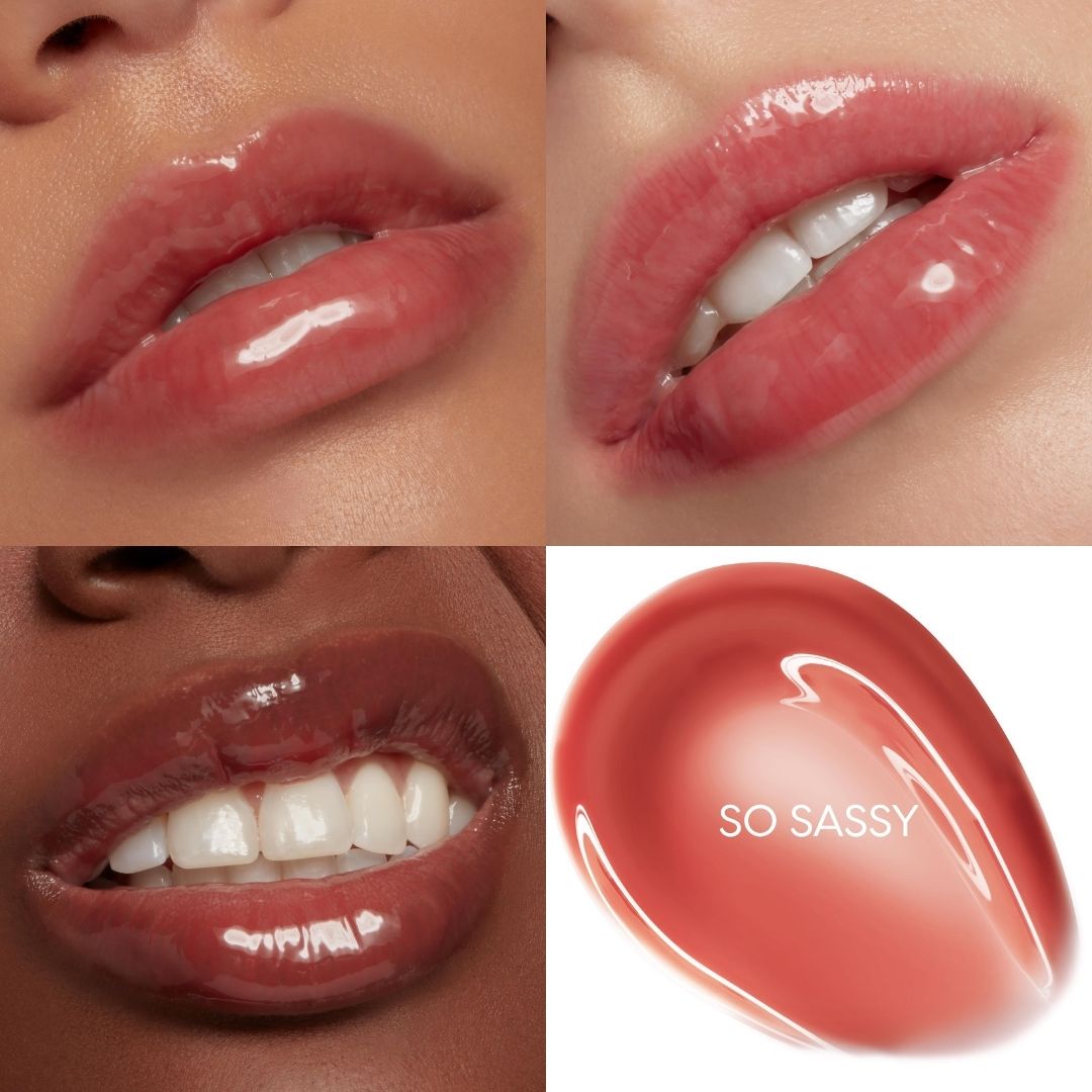 Glossy lips wear So Sassy, the ColourPop So Juicy Plumping Glossy Lip Oil, showing plumped high-shine sheer rosy tint on multiple skin tones, with a close-up swatch labeled SO SASSY.