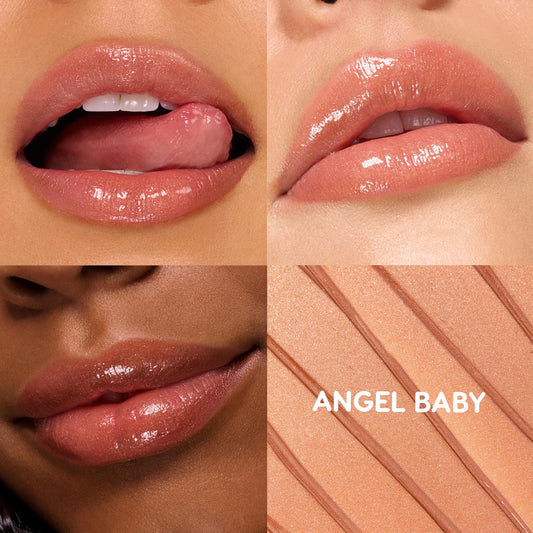 Angel Baby glossed lips showcase a warm peachy‑nude shine across three closeups, with a striped swatch labeled ANGEL BABY; ColourPop So Juicy Plumping Gloss Balm with Peptides plumps and hydrates for a fuller, juicy finish.