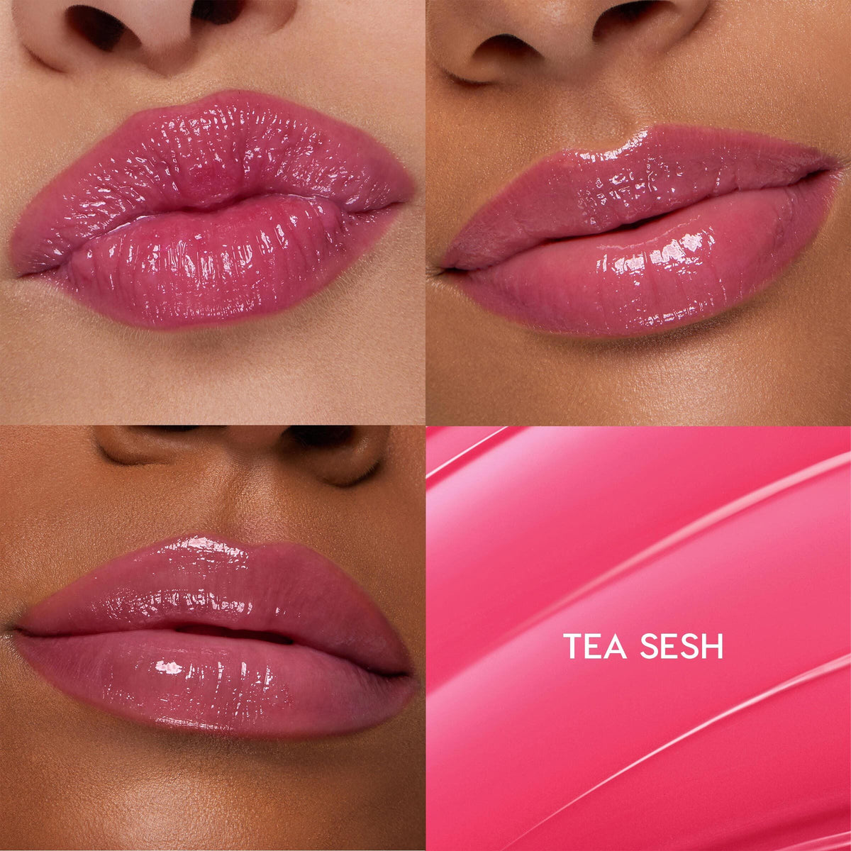 Glossy, plumped lips wearing Tea Sesh, a rosy pink ColourPop So Juicy Plumping Gloss Balm with Peptides, shown in a four-tile grid with three close-up lip shots and a bright pink swatch panel labeled TEA SESH.