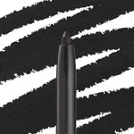 ColourPop Crème Gel Liner in Swerve drawing bold matte-black strokes, shown as a twist-up eyeliner tip against a backdrop of thick black swatches, highlighting creamy, long-wearing, smudge-proof formula for precise eye definition.