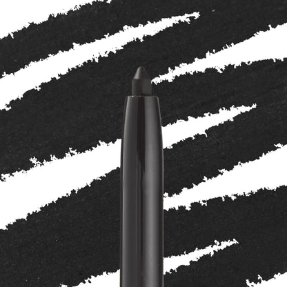 ColourPop Crème Gel Liner in Swerve drawing bold matte-black strokes, shown as a twist-up eyeliner tip against a backdrop of thick black swatches, highlighting creamy, long-wearing, smudge-proof formula for precise eye definition.