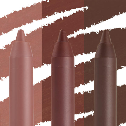 Triple Latte ColourPop Lippie Pencil trio stands upright, showcasing three creamy nude-to-mocha liners with bold swatch streaks behind, highlighting rich payoff and long-wear lip contour in a bundled set.