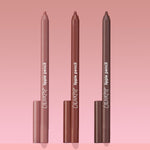 Triple Latte ColourPop Lippie Pencil trio standing upright, tips exposed, in light nude, warm rose-brown, and deep mocha shades with matching caps, showcasing creamy lip liners on a pink gradient background for precise lip shaping.