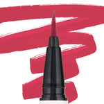 Felt-tip eyeliner pen lays a vivid red-pink stroke - ColourPop BFF Liquid Liner in Try Me - shown in close-up with bold swatches behind, emphasizing the precise brush tip for sharp wings and long-lasting pigment.