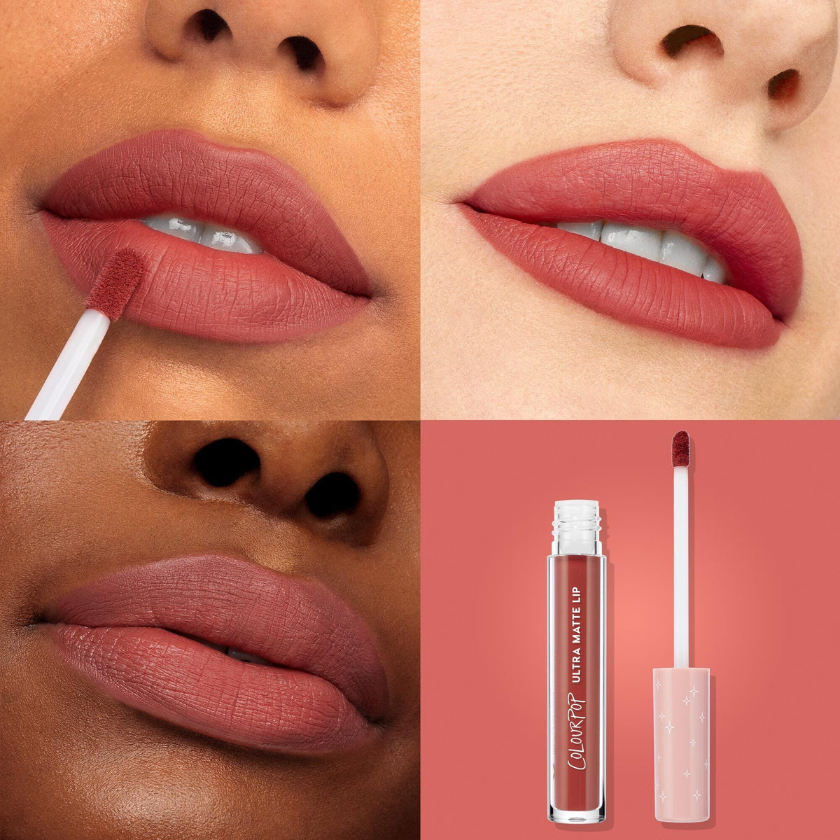 ColourPop Ultra Matte Lip Tulum coating lips in warm terracotta‑rose, applied with a doe‑foot and shown on multiple skin tones, with the open tube, wand, and pink star‑print cap on a coral backdrop for shade and matte finish reference.