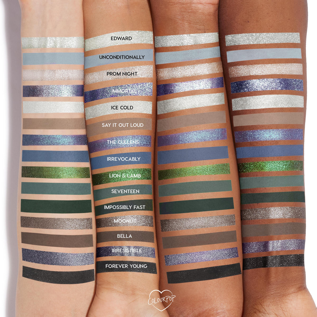 Four arms of different skin tones display swatches of the Twilight x ColourPop Full Collection set, showing shimmery and matte eyeshadow and liner shades with names like Edward, The Cullens, and Forever Young in cool neutrals, blues, greens, and silvers.