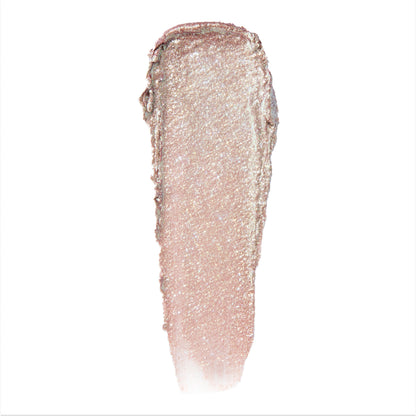 Single swatch of ColourPop Cullen Coven Jelly Much Shadow, a shimmering pale champagne-pink cream eyeshadow with fine glitter reflecting multicolor sparkles, shown in a thick streak on a white background for the Twilight collection.