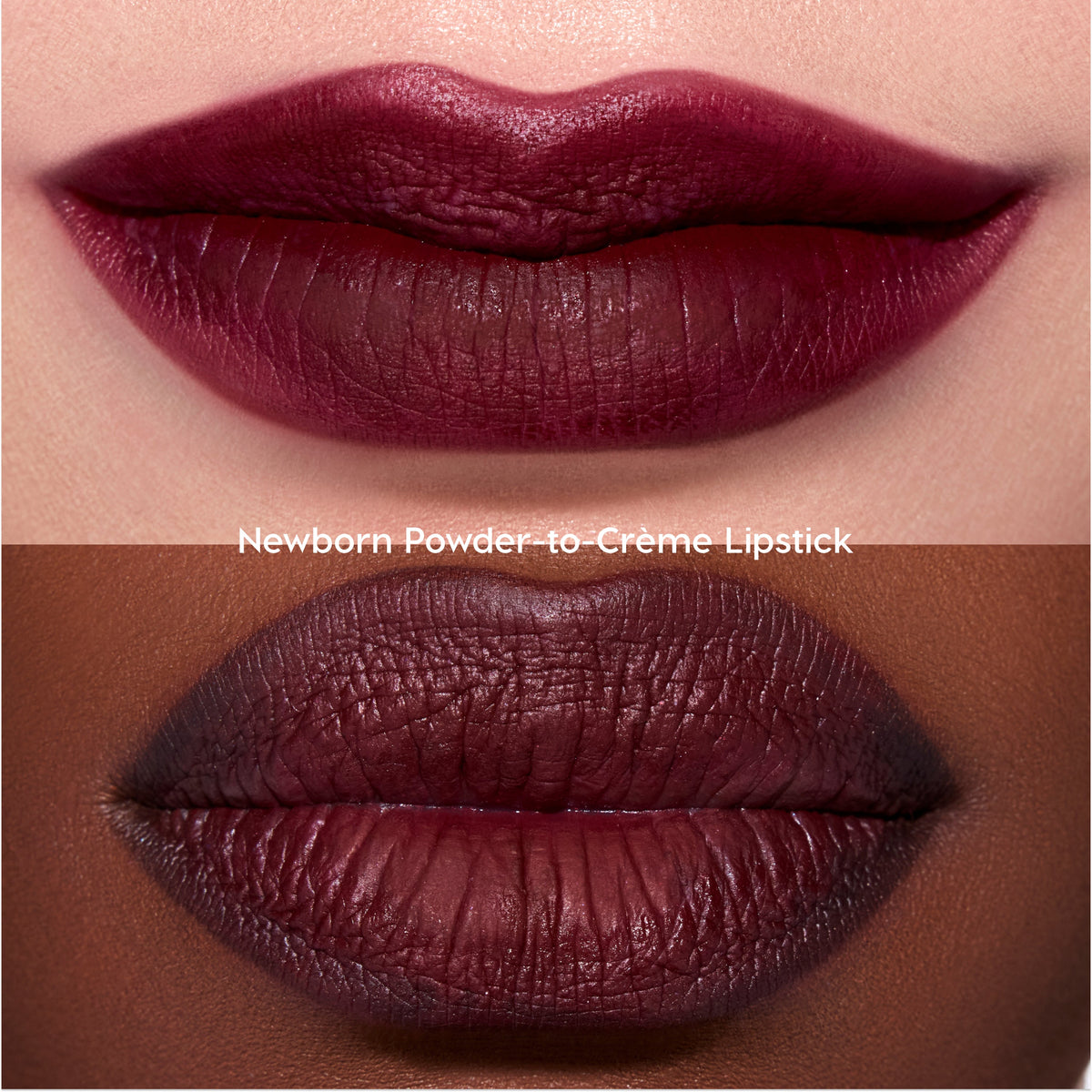 Two close-up shots of lips wearing the Just Bitten lip trio in a deep vampy berry shade, showing smooth, velvety payoff on different skin tones, promoting the Twilight-inspired lipstick finish for US beauty lovers.